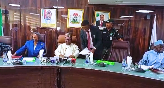 INEC Chairman Joash Amupitan at the meeting with political parties leaders over the 2027 general elections guidelines in Abuja, on Tuesday, March 24, 2026.