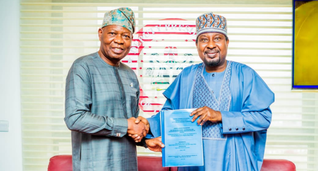 Chairman of the Nigeria Police Force committee on State Police, Professor Olu Ogunsakin, presents on behalf of IGP, Tunji Disu, a framework for the establishment of State Police to the Deputy President of the Senate, Senator Barau Jibrin, at the National Assembly, Abuja, on Thursday, March 26, 2026.