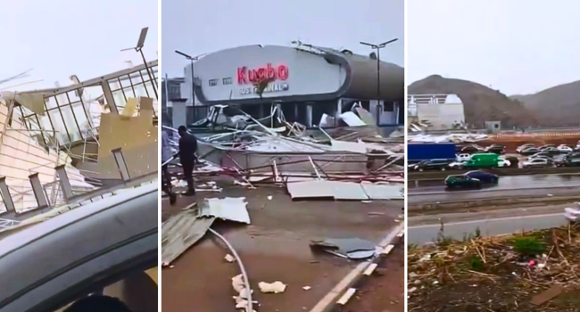 rainstorm damaged parts of the newly constructed Kugbo Bus Terminal, spilling debris onto the busy Nyanya–Keffi Expressway.