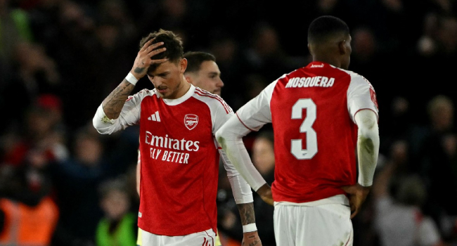 Arsenal’s English defender #04 Ben White reacts after the English FA Cup quarter final football match between Southampton and Arsenal at St Mary’s Stadium in Southampton, southern England on April 4, 2026. Photo by GLYN KIRK / AFP