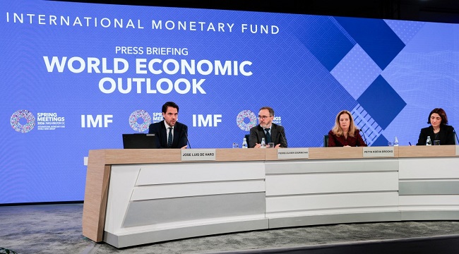 (L/R) Jose Luis De Haro, IMF Communications Officer, Pierre-Olivier Gourinchas, Director of IMF Research Department, Petya Koeva Brooks, Deputy Director of IMF Research Department, and Deniz Igan, Division Chief of IMF Research Department, participated in an economic outlook briefing during the 2026 IMF and World Bank Group Spring Meetings in Washington, DC, on April 14, 2026. (Photo by Kent NISHIMURA / AFP)