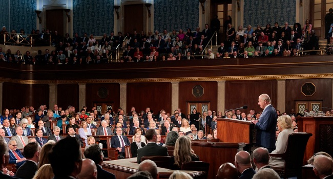 Britain’s King Charles III speaks to a Joint Meeting of Congress in the House Chamber at the US Capitol in Washington, DC, on April 28, 2026. (Photo by Kylie Cooper / POOL / AFP)