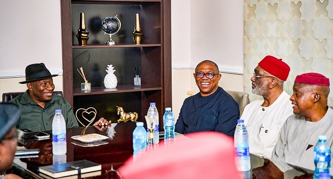 Peter Obi along with some South-East leaders met with former President Goodluck Jonathan on Monday, April 27, 2026. X/@EstherUmoh10