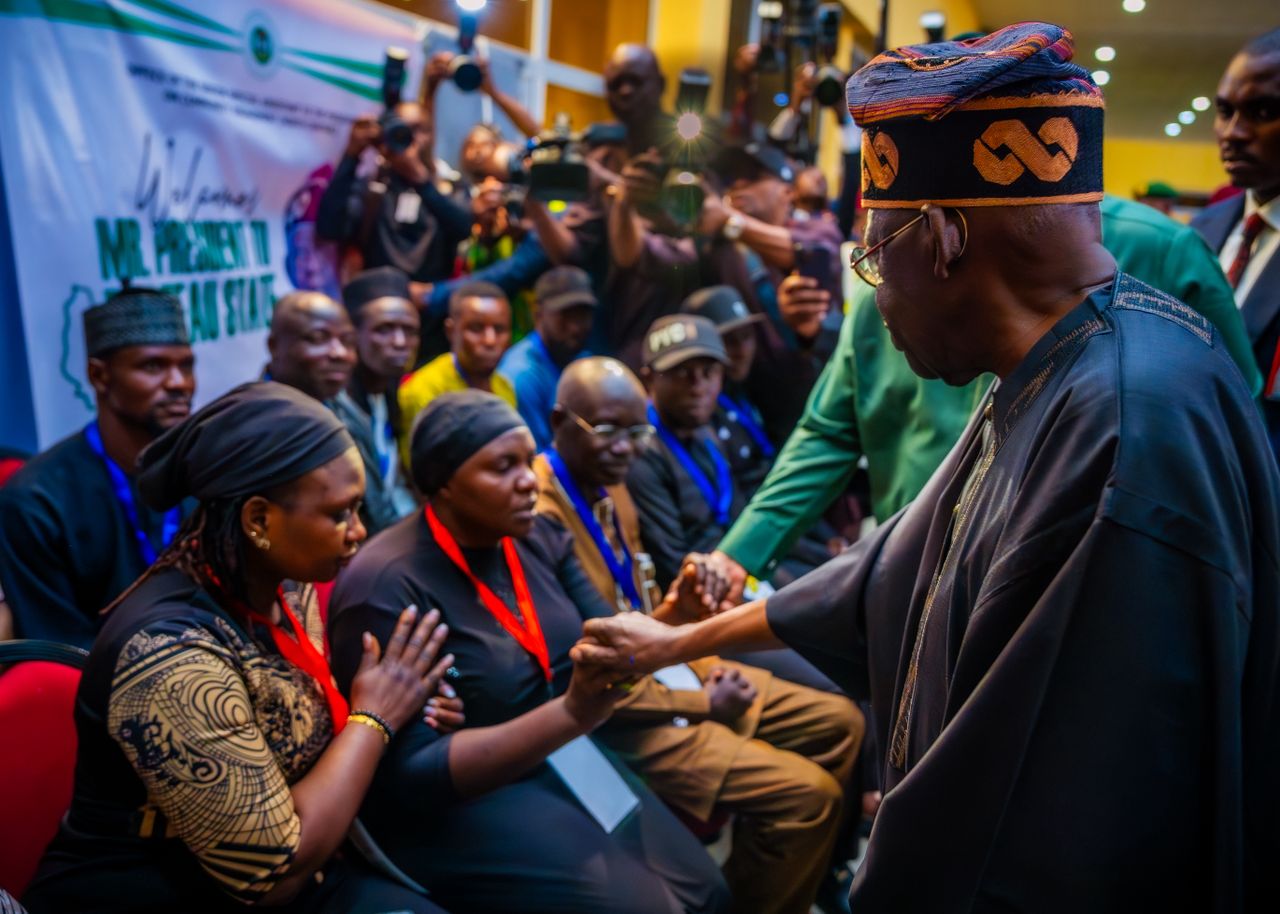 President Bola Tinubu addresses families of victims of the Palm Sunday attack in Plateau State. Credit: @DOlusegun | X
