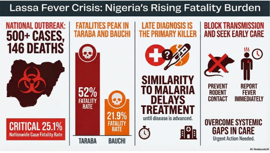 Latest figures from the Nigeria Centre for Disease Control and Prevention (NCDC) show that the country has recorded over 500 confirmed cases and 146 deaths from Lassa fever between January and mid-March.