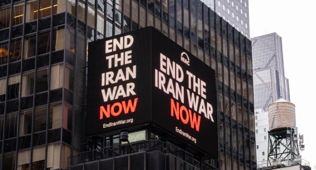 A digital billboard displays an image reading “end the Iran war now” in Times Square in New York City on April 30, 2026.