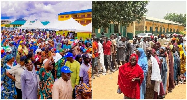 APC members participating in the party’s presidential primary election in Kano (right) and Lagos (left). Photo: X@BashirAhmaad and X@drobafemihamzat.