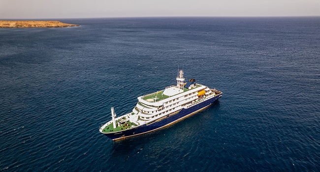 The general view of the cruise ship MV Hondius stationary off the port of Praia, the capital of Cape Verde, on May 3, 2026. (Photo by AFP)