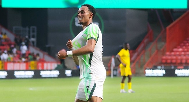 Debutant Femi Azeez celebrates a goal against Zimbabwe. X/@NGSuperEagles