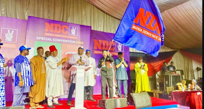 Obi received the party’s flag after he emerged as the presidential candidate in Abuja on Saturday, May 30, 2026. (Photo by: /X@NigeriaNDCHQ)