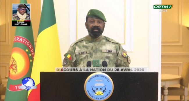 This video grab made from footage obtained by AFPTV from ORTM on April 28, 2026 show Mali’s junta chief Assimi Goita during his first public address since the weekend attacks by jihadist fighters and Tuareg separatists.