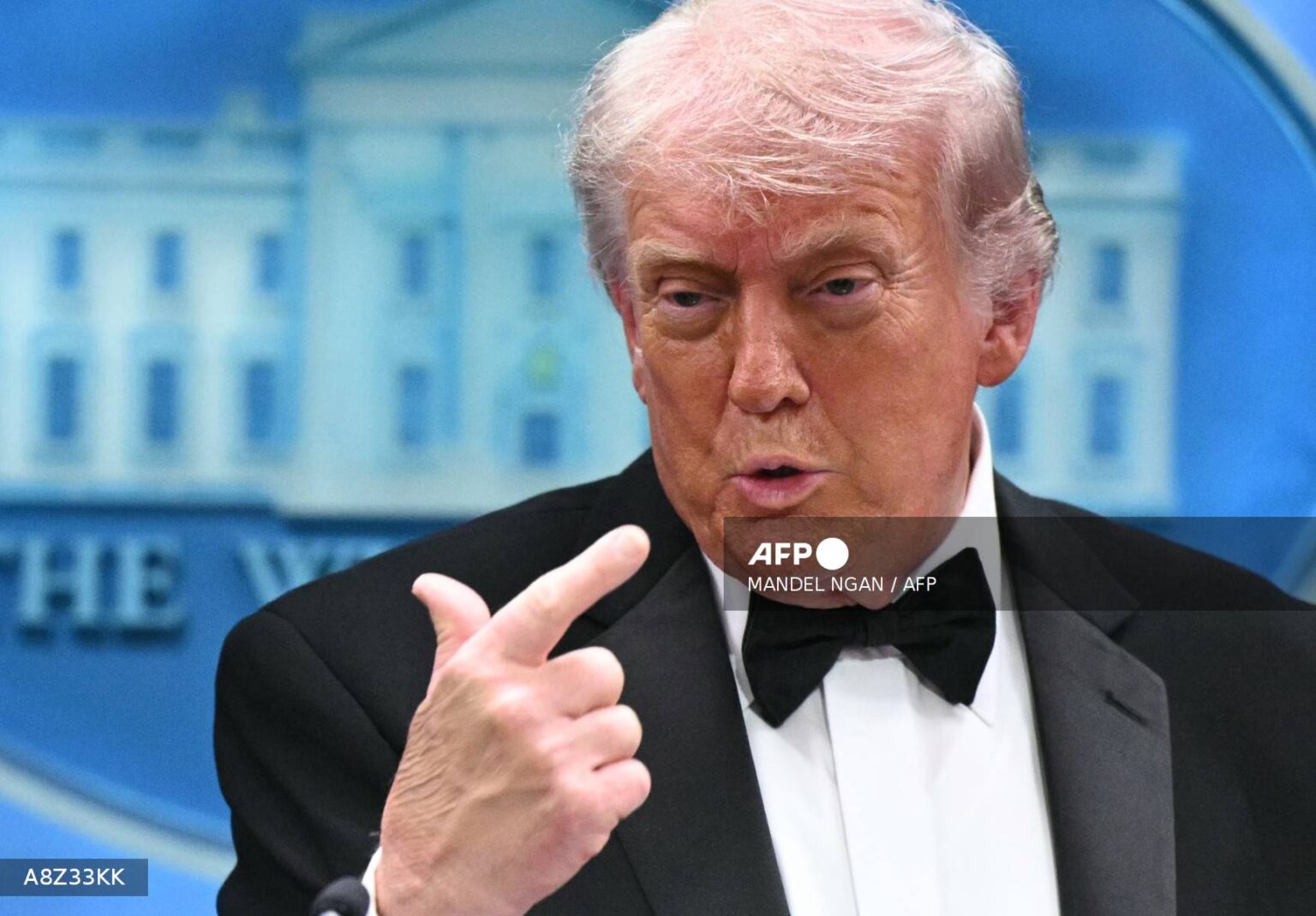 US President Donald Trump gestures as he speaks during a press briefing in the Brady Briefing Room at the White House in Washington, DC, shortly after a shooting incident at the White House Correspondents Dinner on April 25, 2026. US President Donald Trump (Photo by Mandel NGAN / AFP)