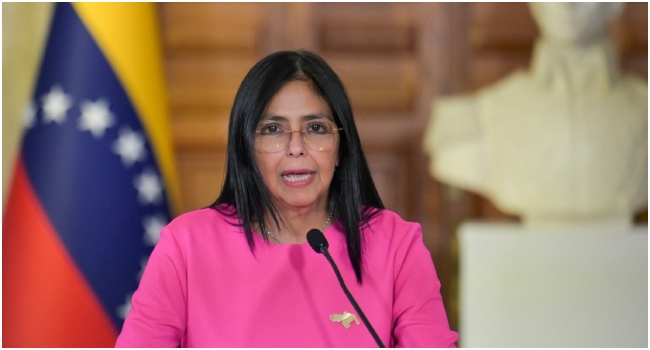 Venezuela’s Vice President Delcy Rodriguez speaks during a press conference in Caracas on August 11, 2025. On January 3, 2026, Venezuela’s Supreme Court ordered Vice President Delcy Rodriguez to become the country’s interim leader after the United States seized President Nicolas Maduro and whisked him out of the country.