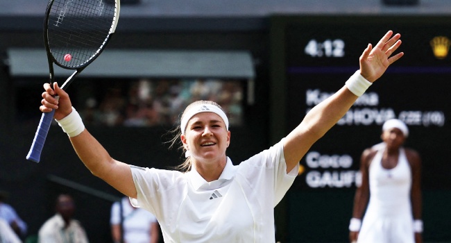 Czech Republic’s Karolina Muchova celebrates winning against US player Coco Gauff during their women’s singles semi-final tennis match on the eleventh day of the 2026 Wimbledon Championships at The All England Lawn Tennis and Croquet Club in Wimbledon, southwest London, on July 9, 2026. (Photo by Adrian Dennis / AFP)