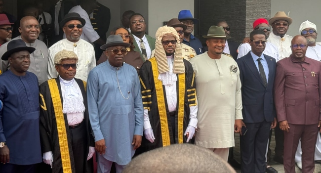 Governor Fubara (third left) and members of the Rivers Assembly after the presentation of the 2026 budget estimates.