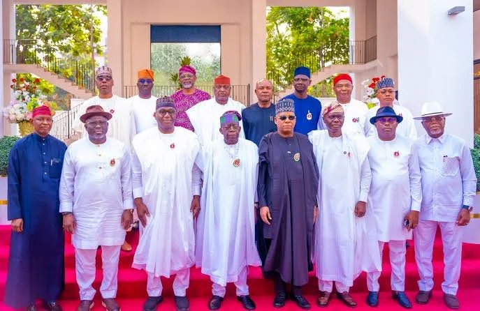 President Bola Tinubu in a group photograph with some APC governors after the meeting. Photo: State House